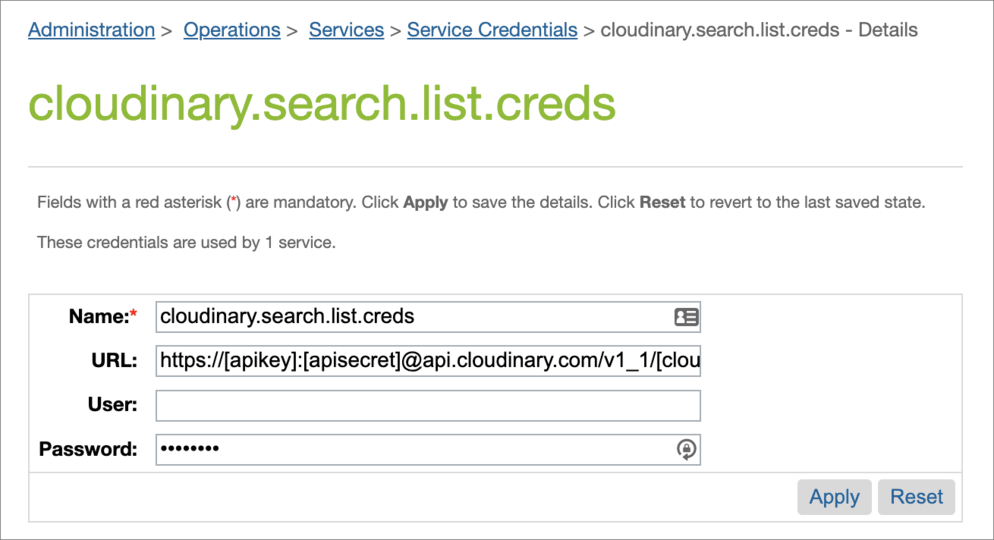 Configure cloudinary.search.list.creds
