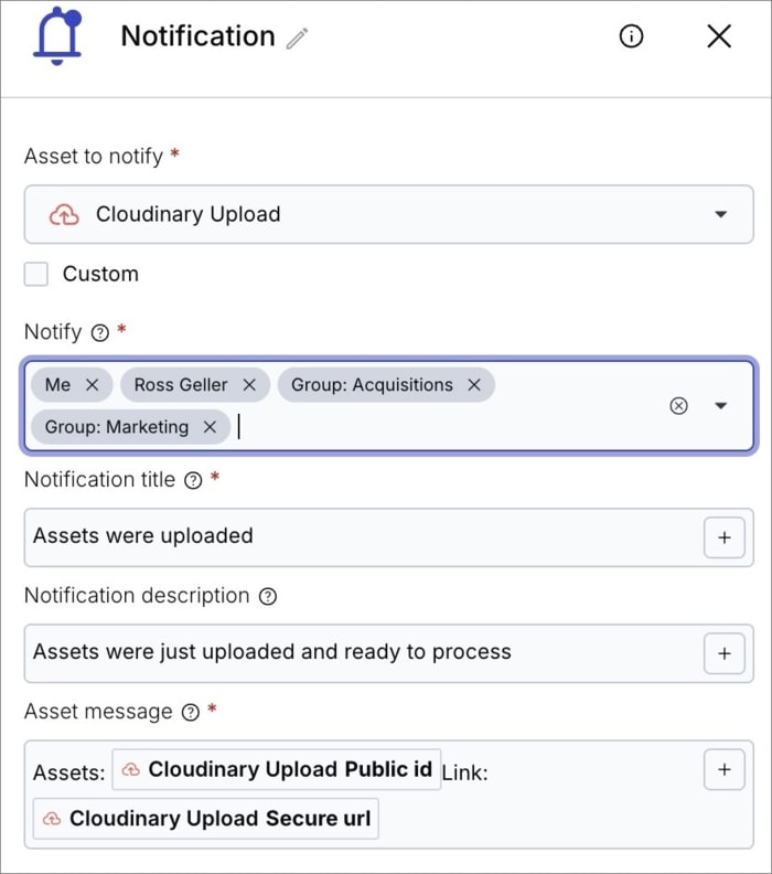 MediaFlows Notification block configuration showing users and groups