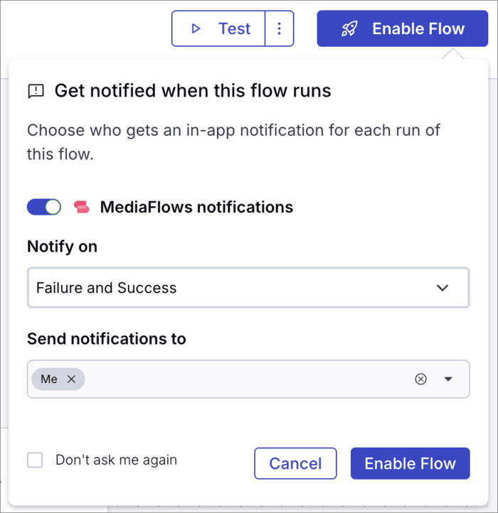 Set up flow notifications when enabling a flow