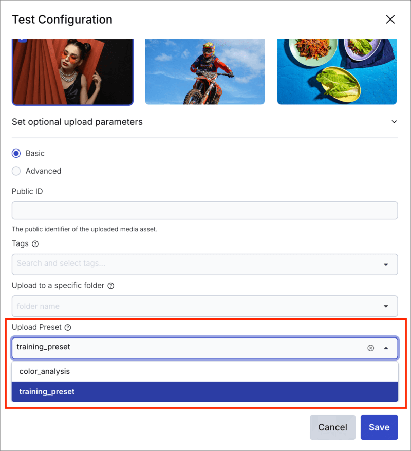 Test configuration showing the upload preset selection Test configuration showing the upload preset selection