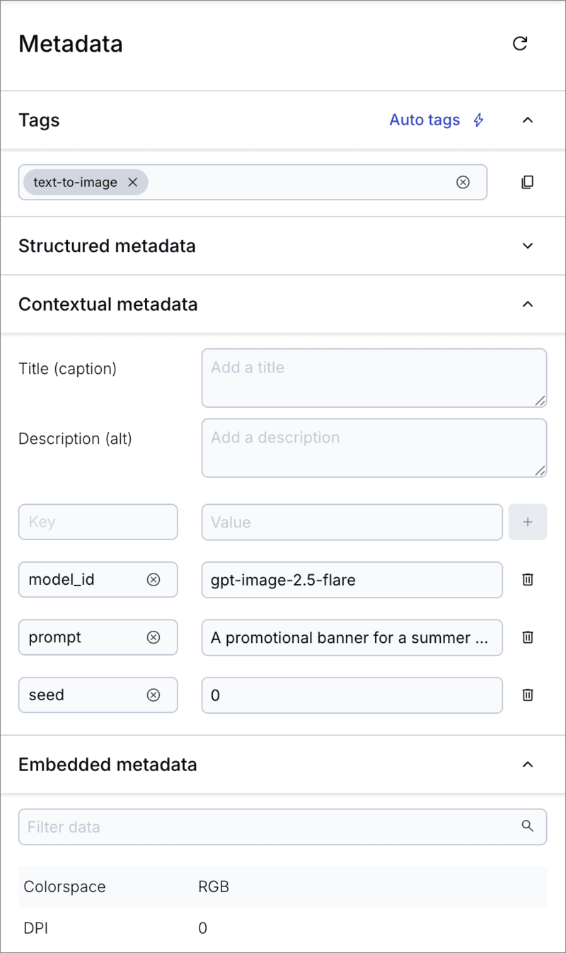 Tags and contextual metadata applied to a generated image in the Media Library