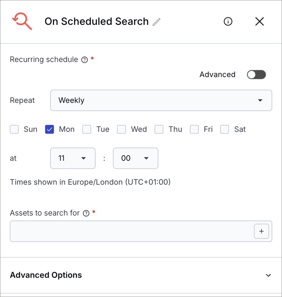 Guided schedule builder in the On Scheduled Search trigger