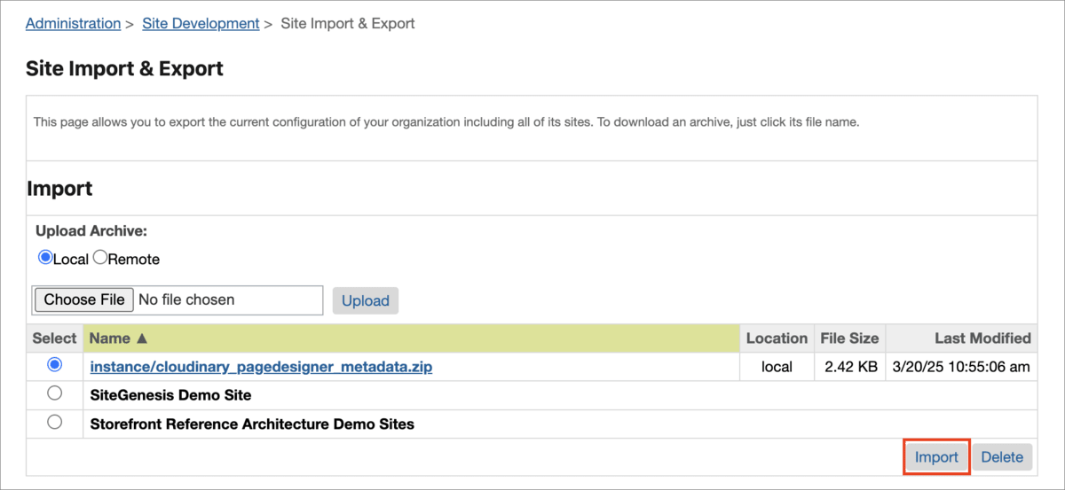 Site import metadata