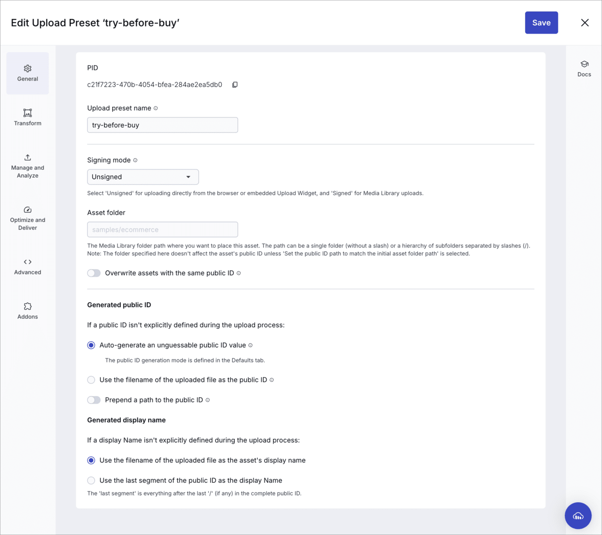 Advanced upload preset settings