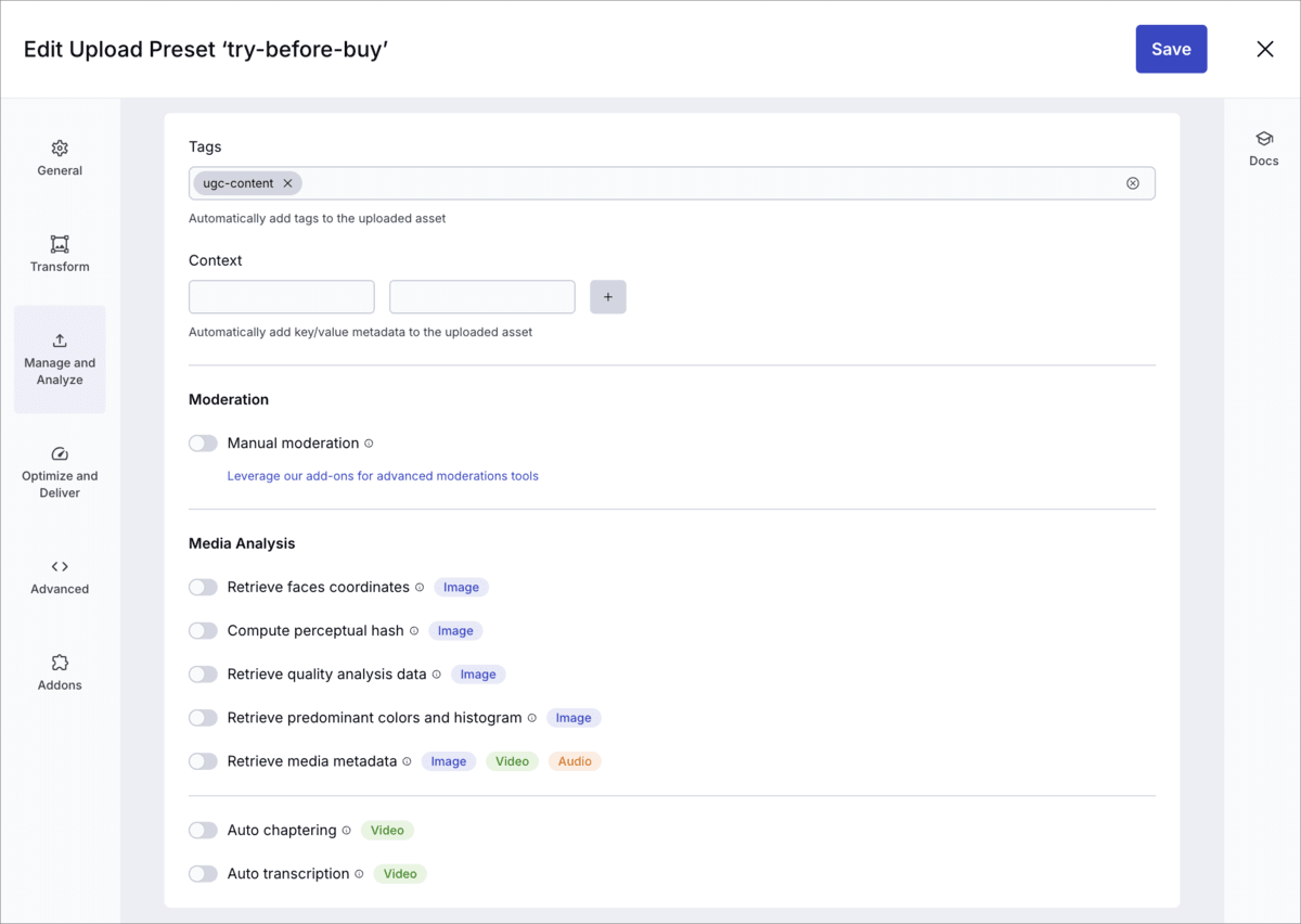 Manage and analyze upload preset settings