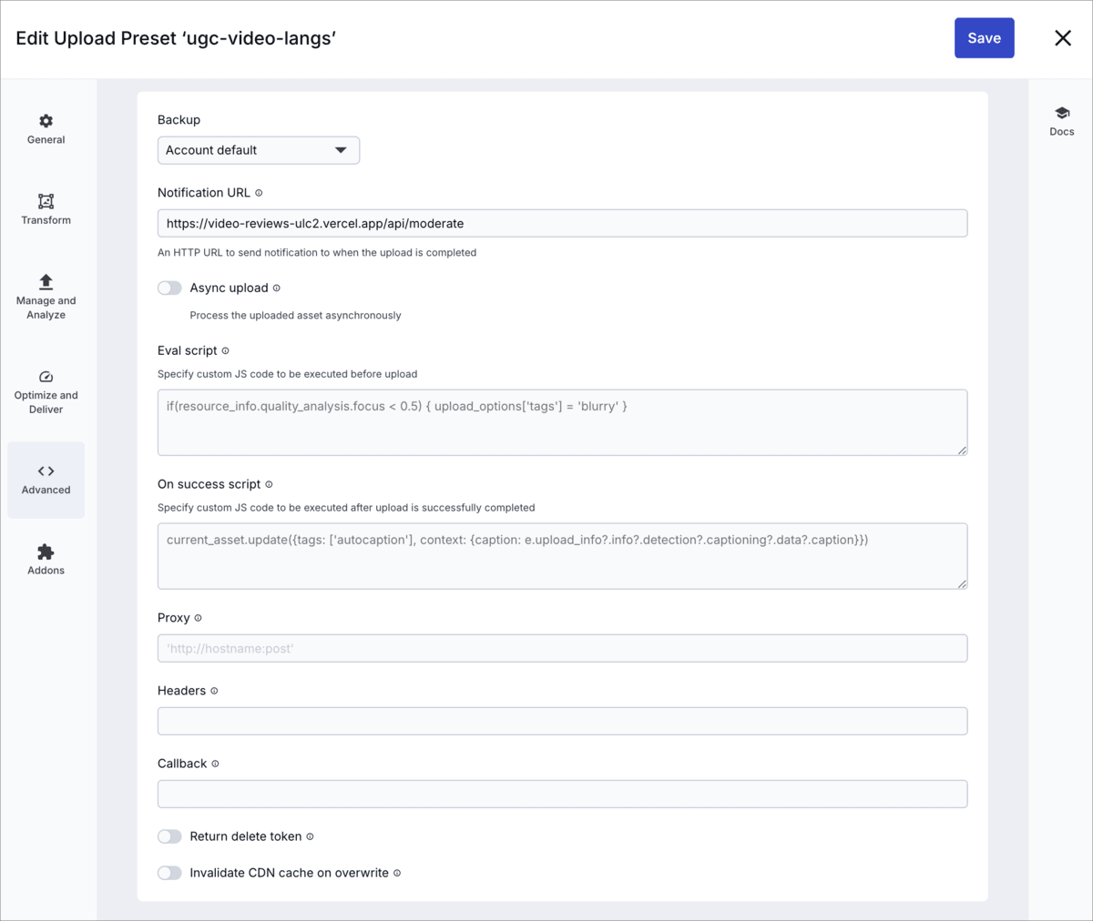 Advanced upload preset settings
