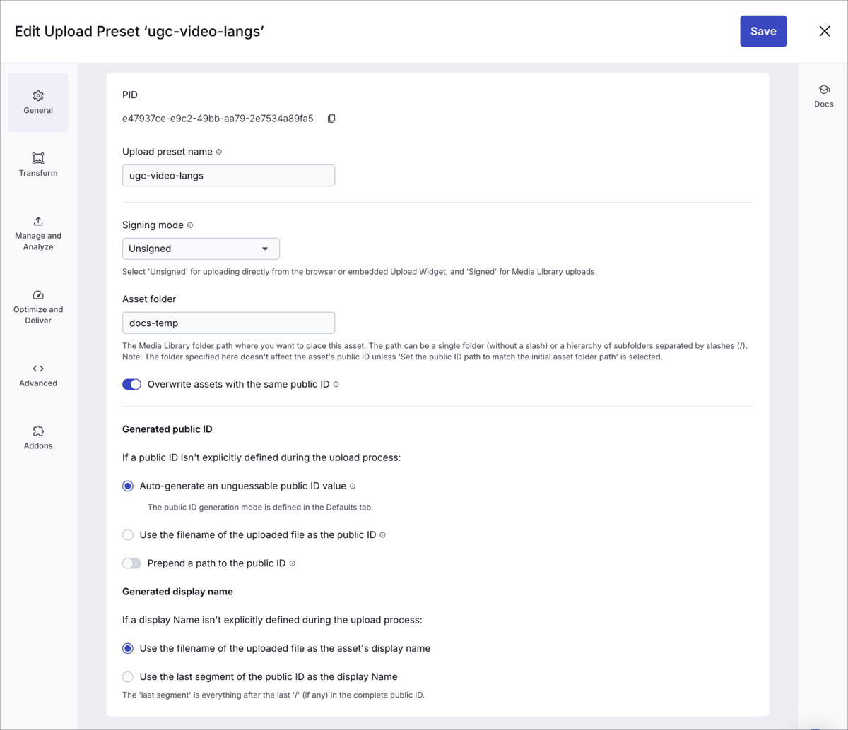 Advanced upload preset settings