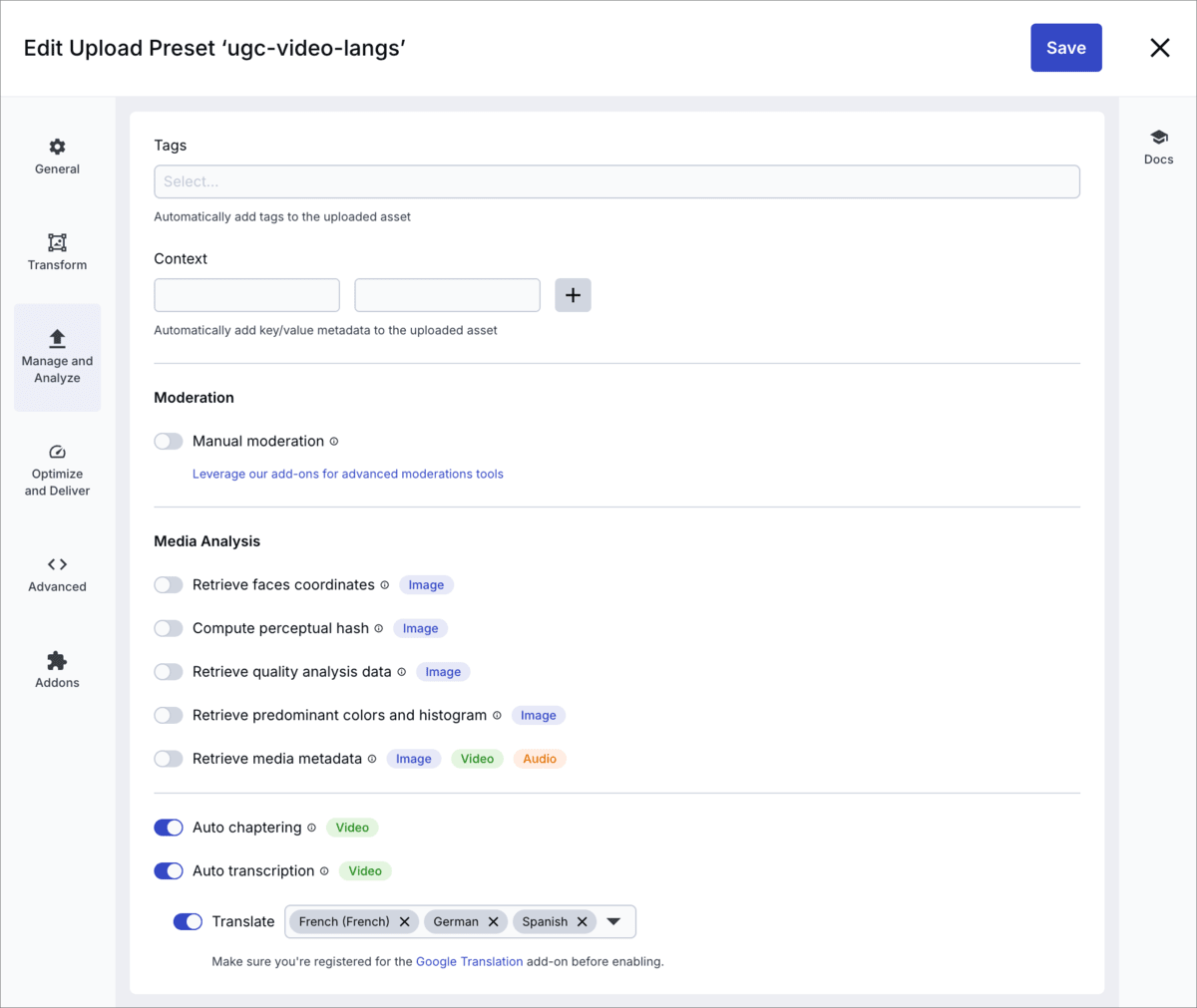 Manage and analyze upload preset settings
