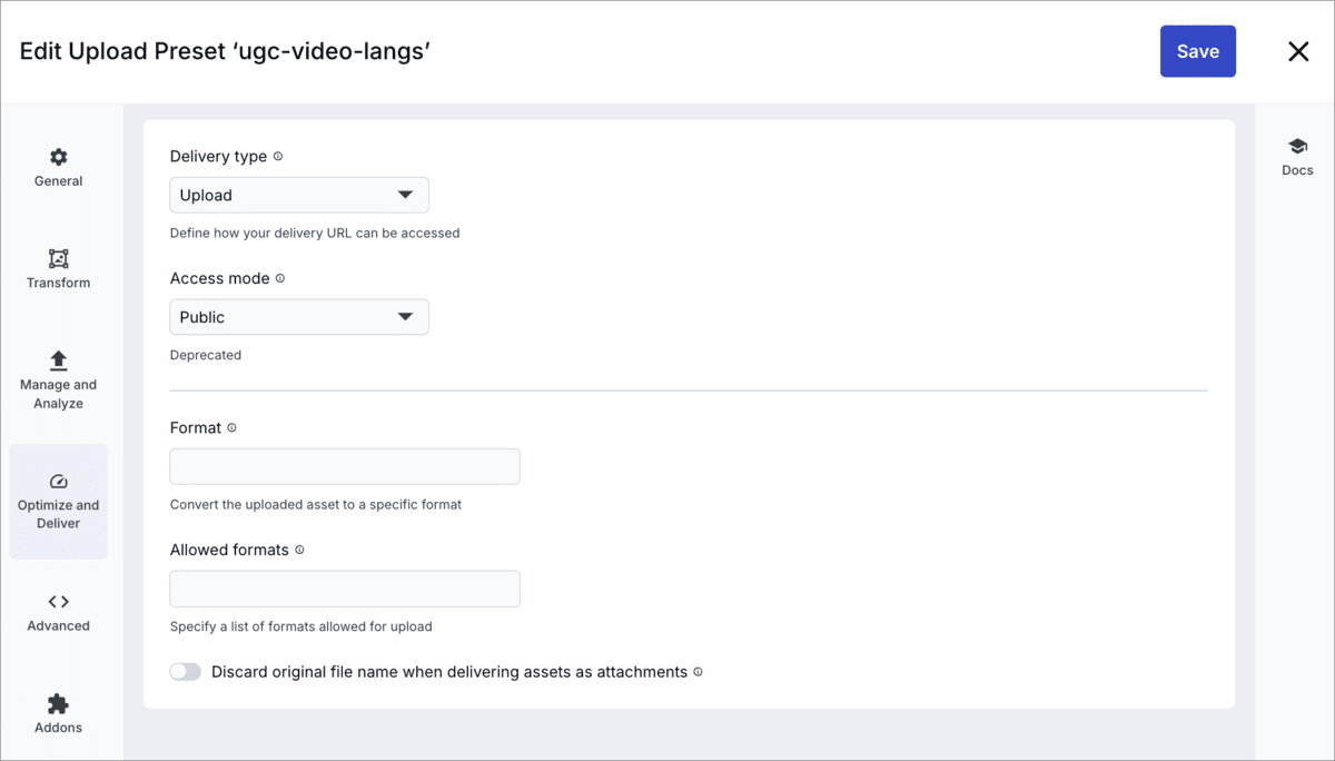 Optimize and deliver upload preset settings