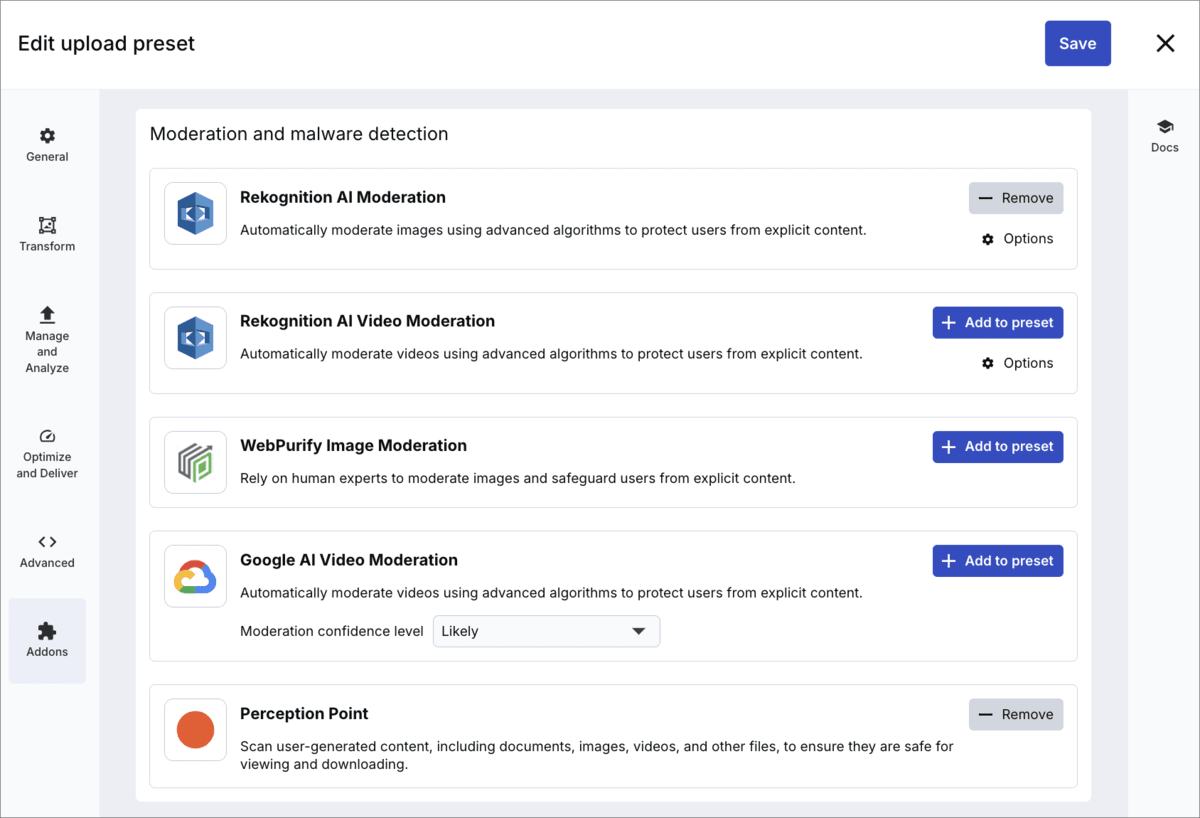 Addons upload preset settings