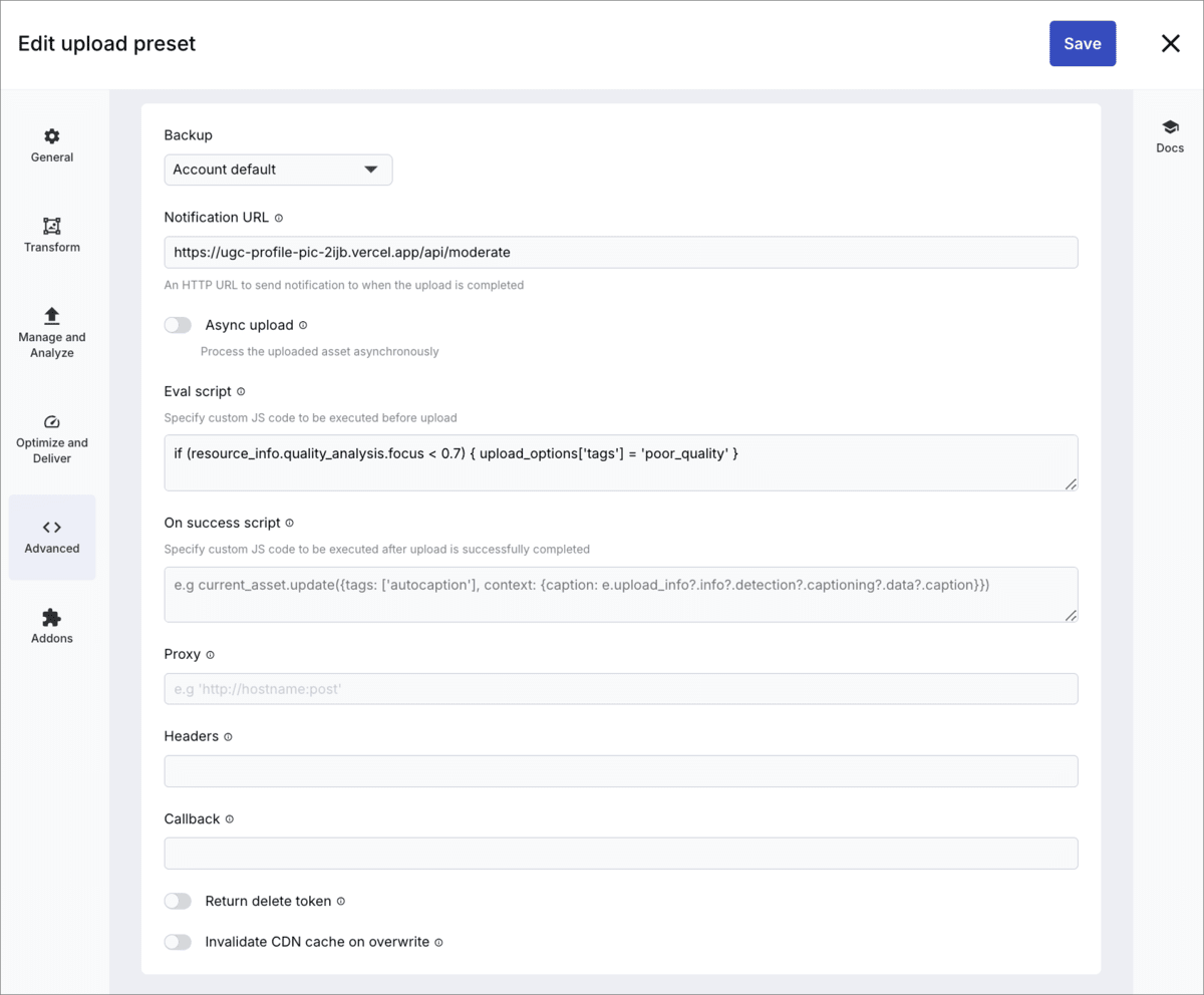 Advanced upload preset settings