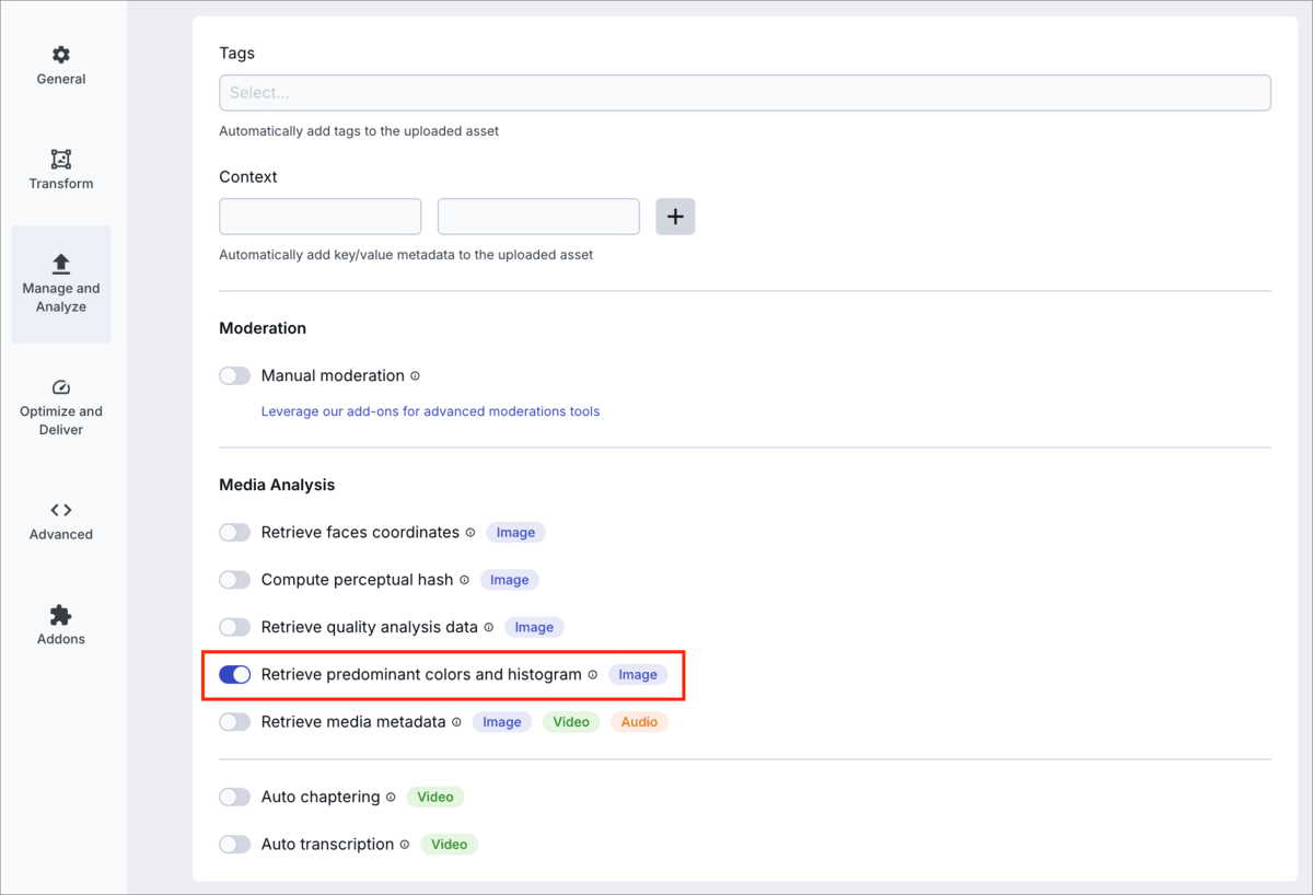 Upload preset color analysis setting