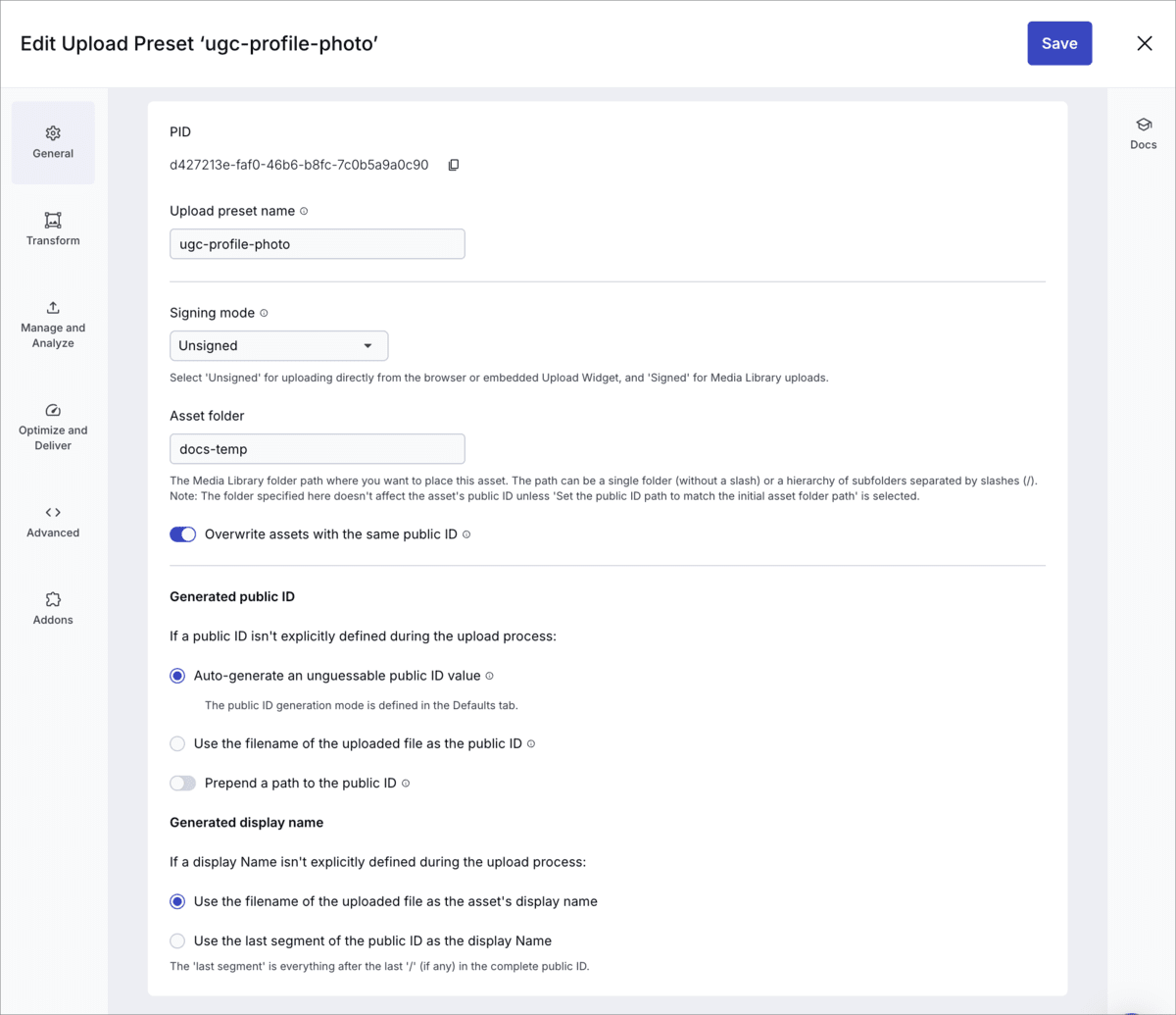Advanced upload preset settings