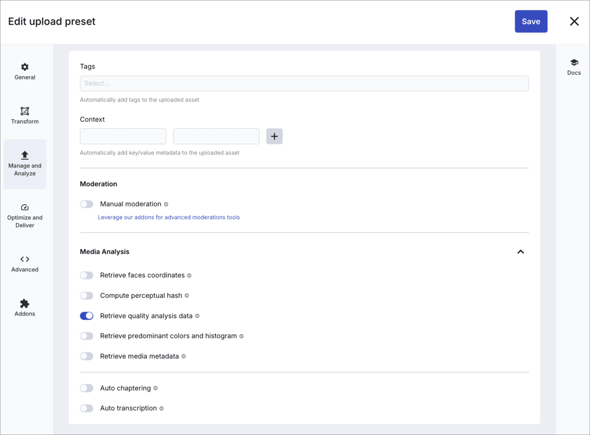 Manage and analyze upload preset settings