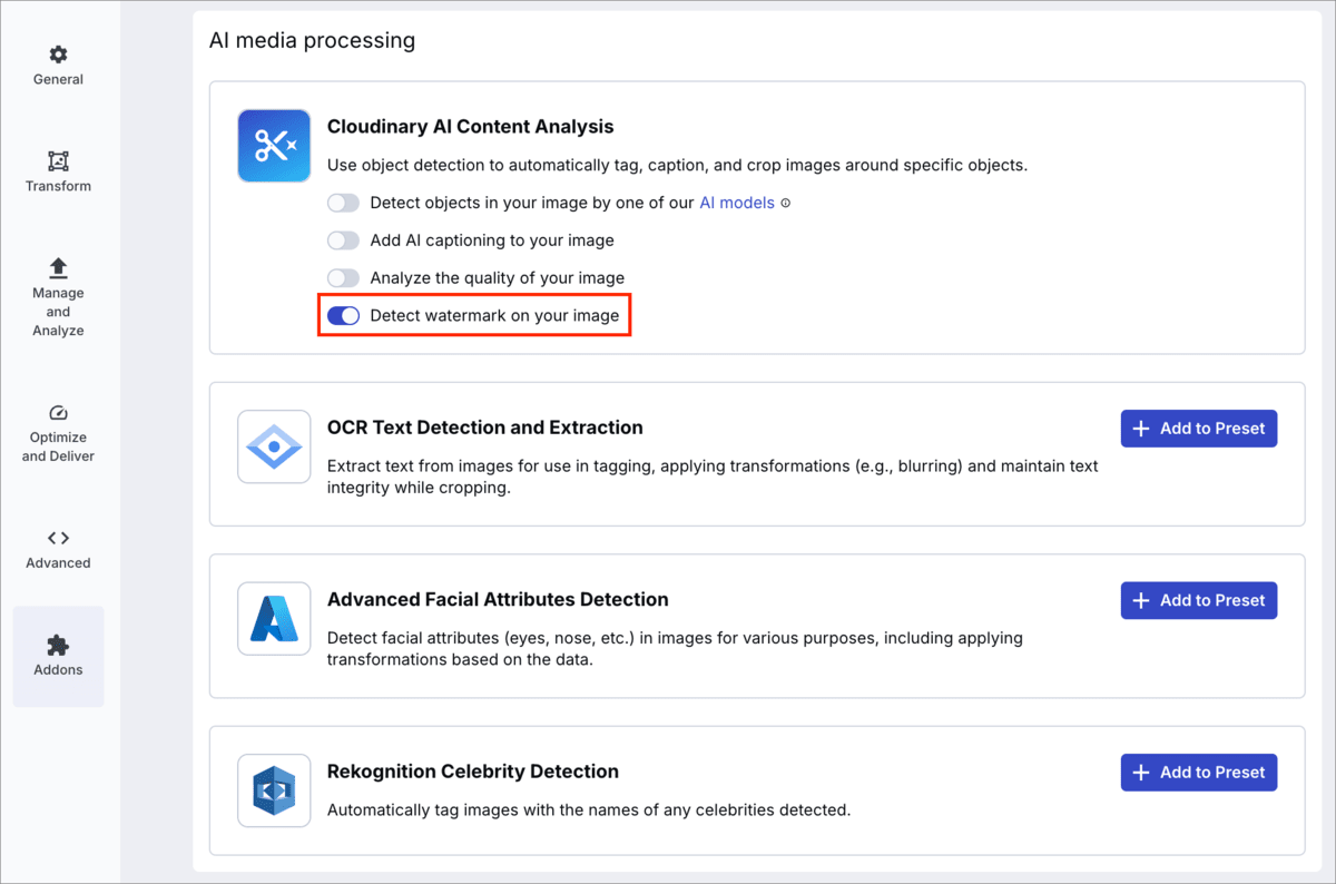 Upload preset watermark detection setting