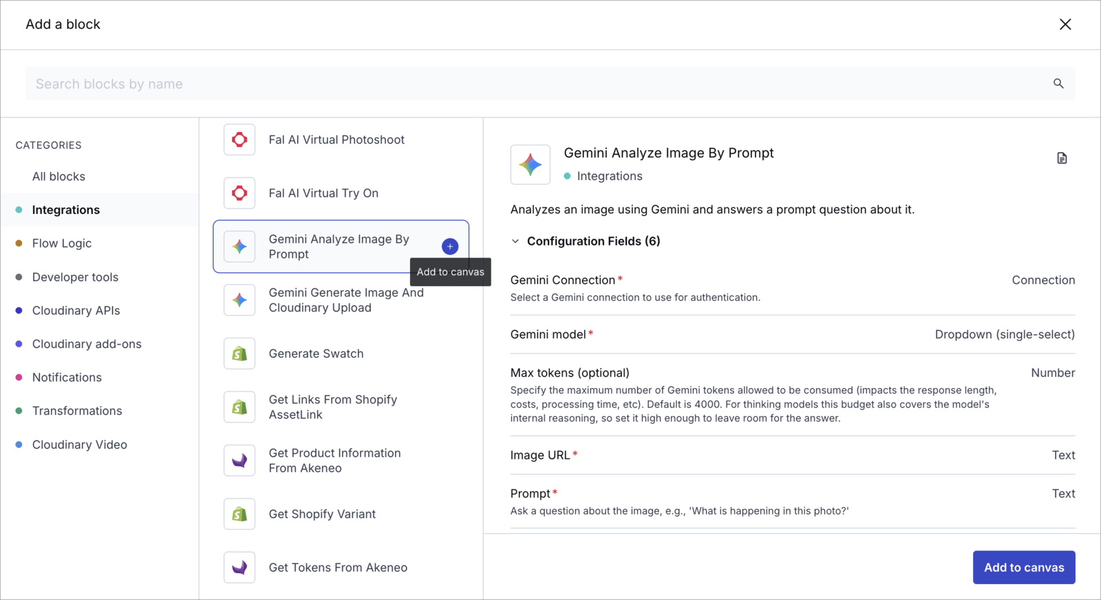 The Add a block dialog