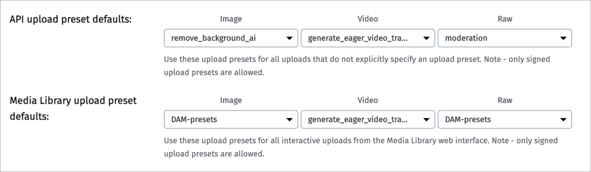 Default upload preset settings