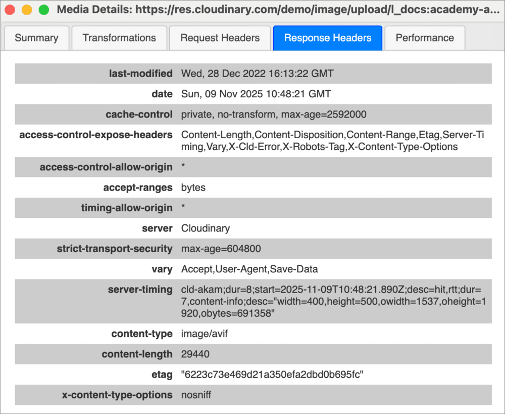 Response Headers tab Response Headers tab