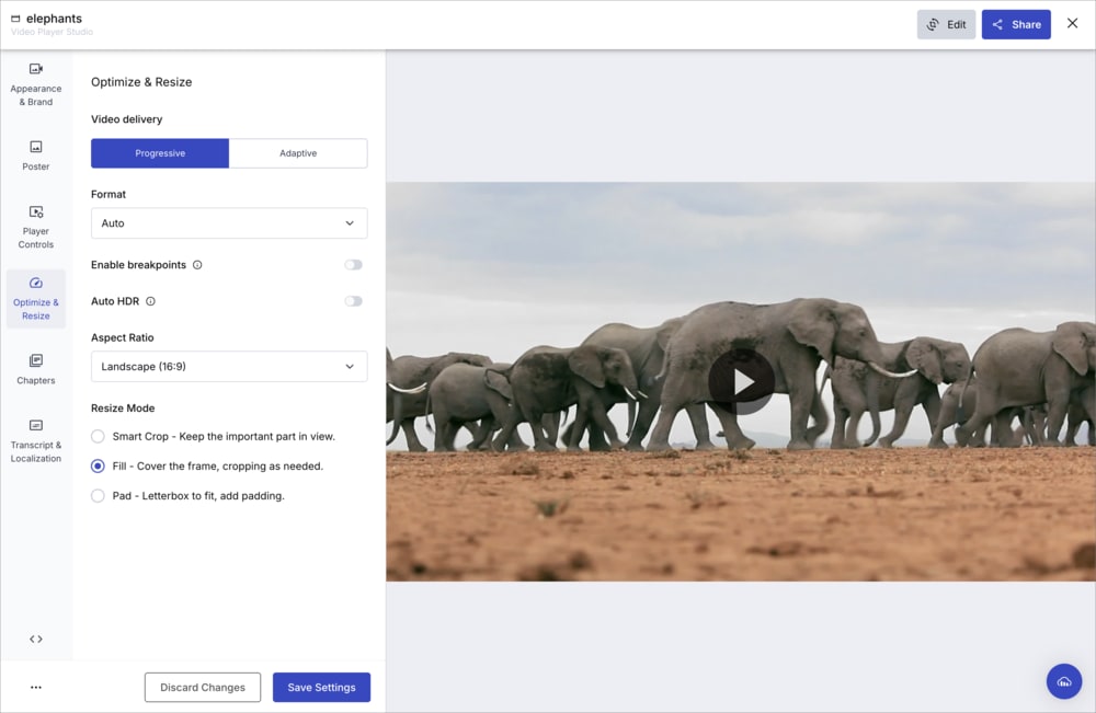 Resize and crop options in the Optimize & Resize section