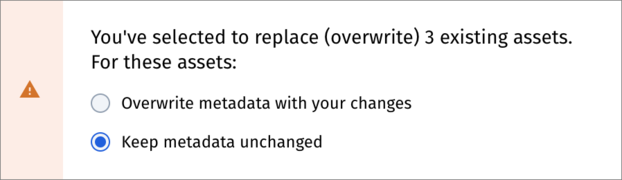 Update metadata dialog box, Overwrite / Keep metadata section