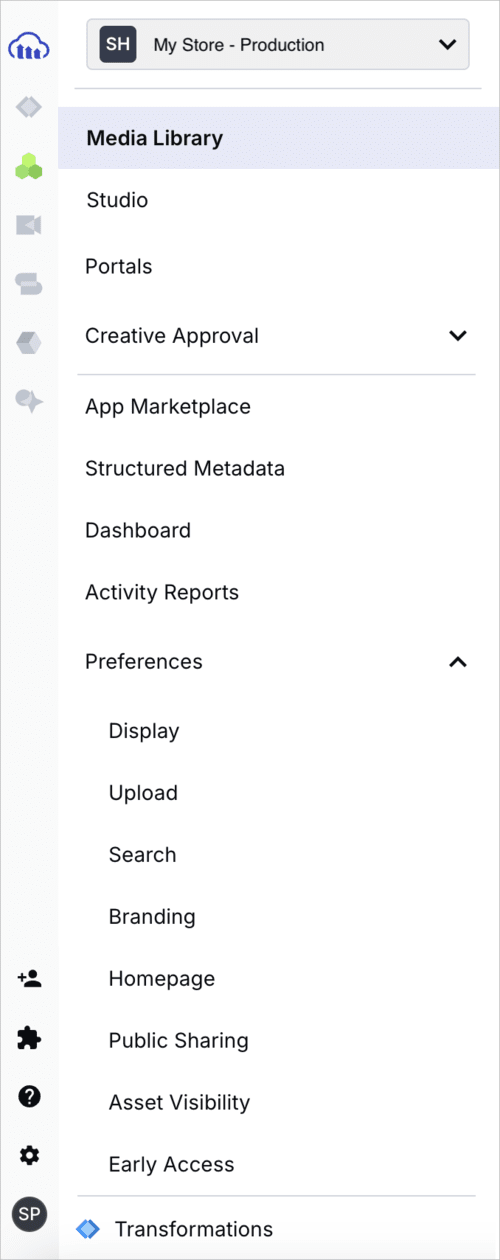 Media Library Preferences - Product Navigation menu