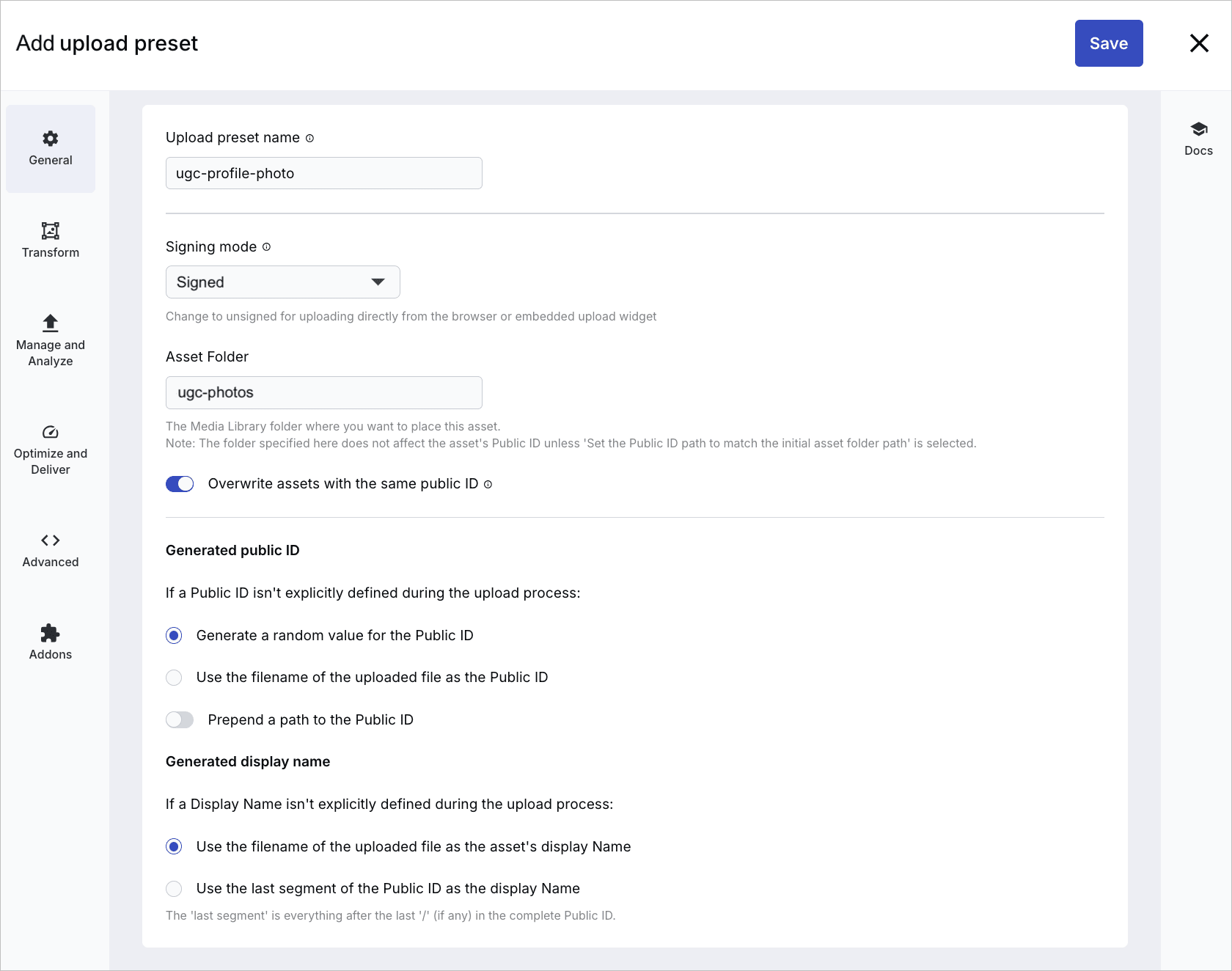 Upload preset console UI