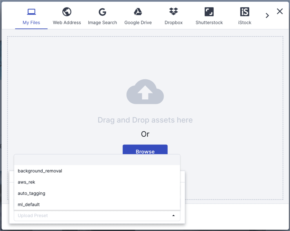 Upload widget with upload preset selection