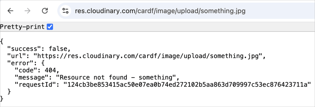 JSON error response example showing a 404 Resource not found error