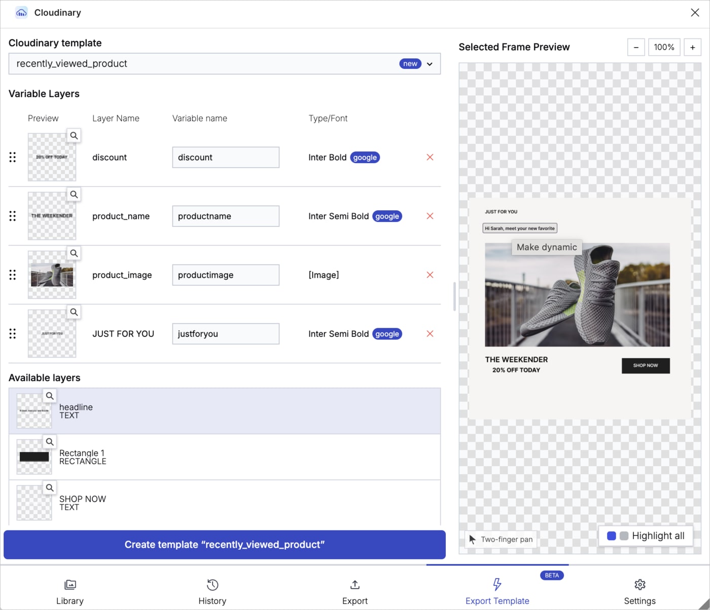Export Template tab Export Template tab