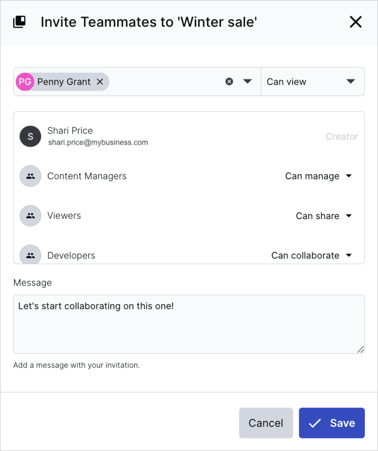 Invite Teammates dialog box Invite Teammates dialog box