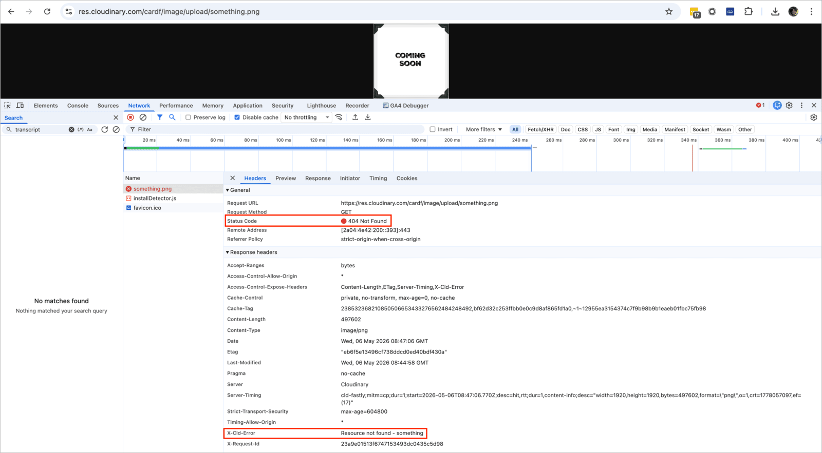 Fallback error response example showing a Coming Soon image and inspecting the response headers