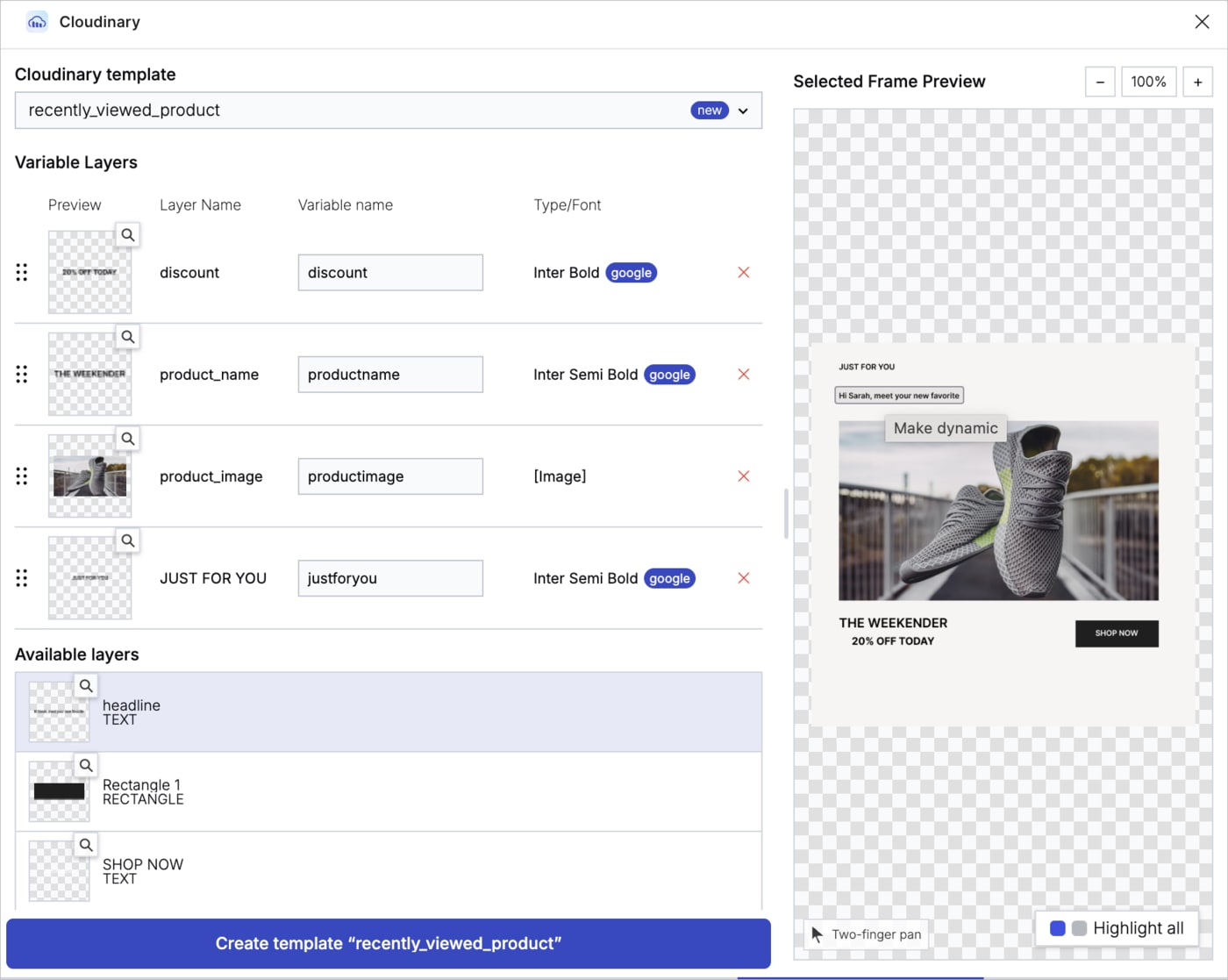Export Template tab