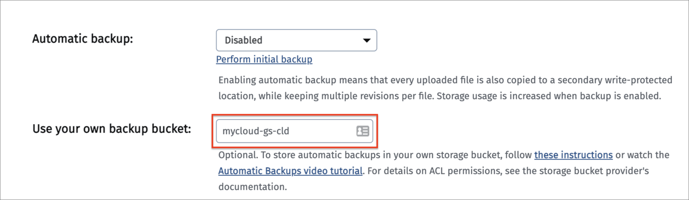 Screenshot of setting Google Cloud bucket