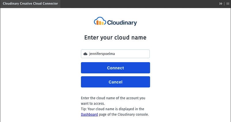Entering your Cloudinary Credentials to Connect to Photoshop with the Creative Cloud Connector