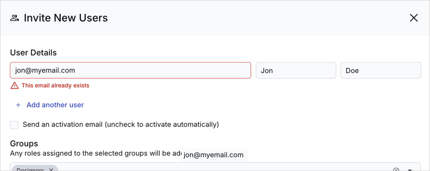 Error when attempting to add a user with an email that already exists