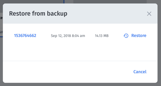 Cloudinary Management Console Restore from Backup Pop-Up Window