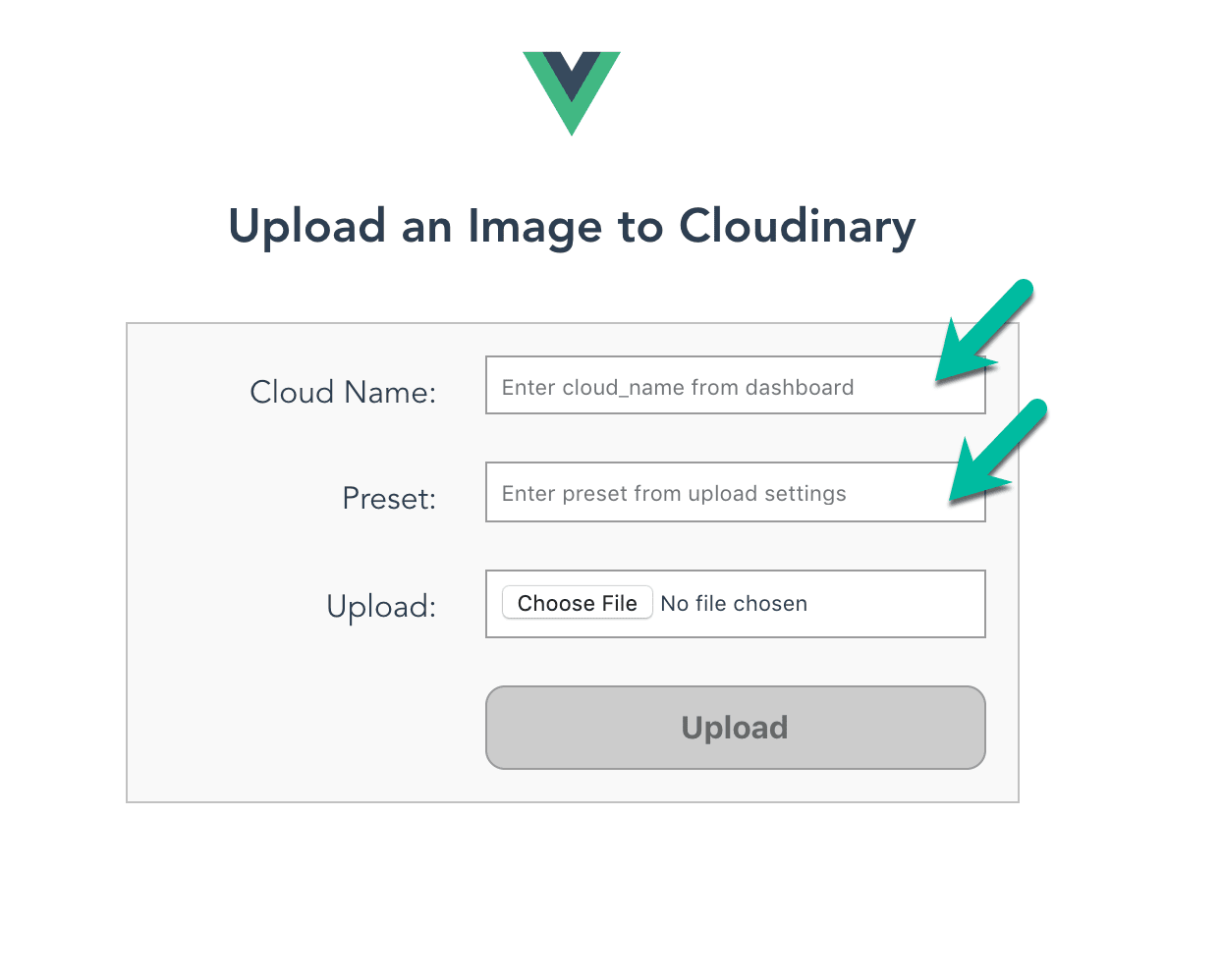 Vue Upload Enter Cloudname and Preset