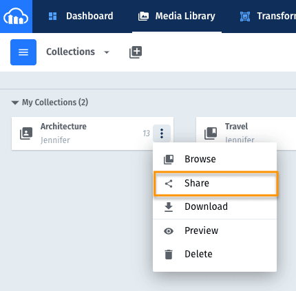 Example of Share option for an existing Collection in Cloudinary's Management Console