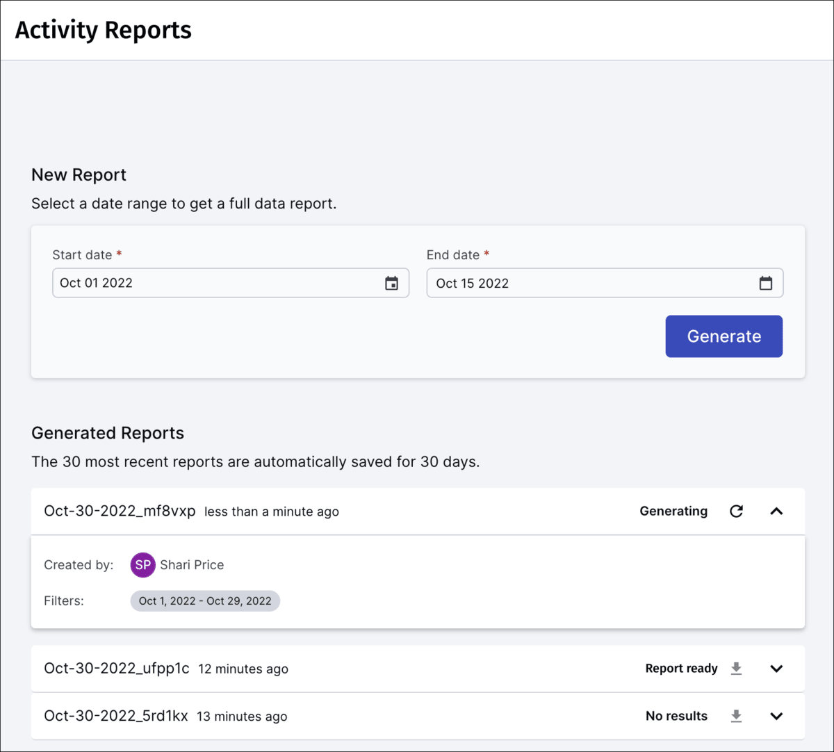 Assets activities report generator