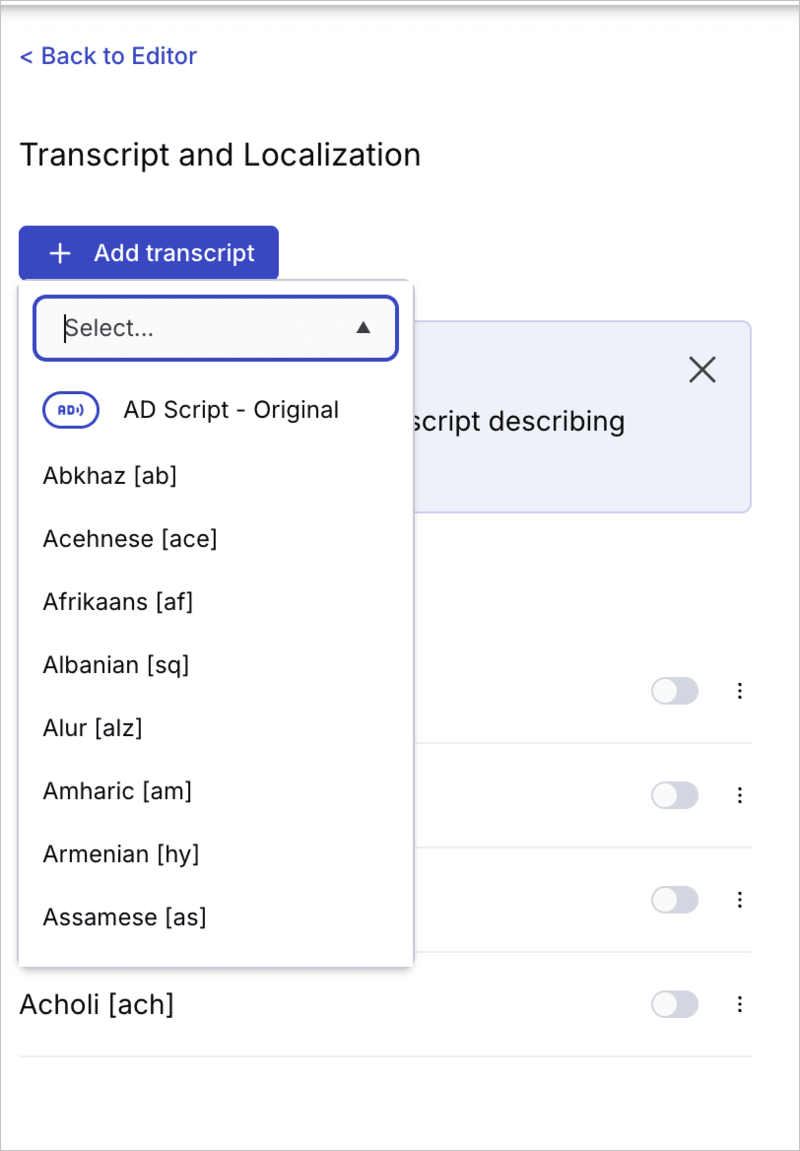 The Add transcript list in the Transcript and Localization editor, with AD Script - Original as the first option The Add transcript list in the Transcript and Localization editor, with AD Script - Original as the first option