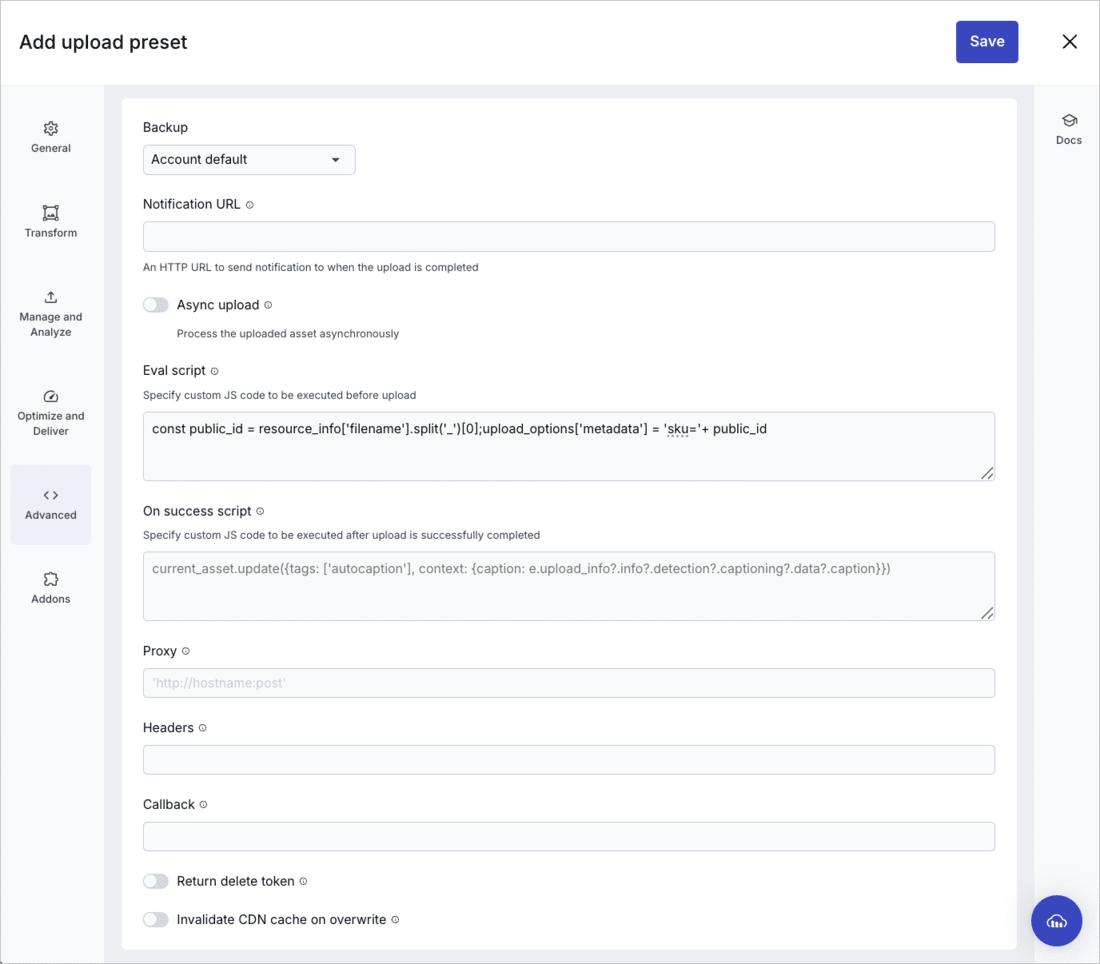 Upload preset - auto caption eval