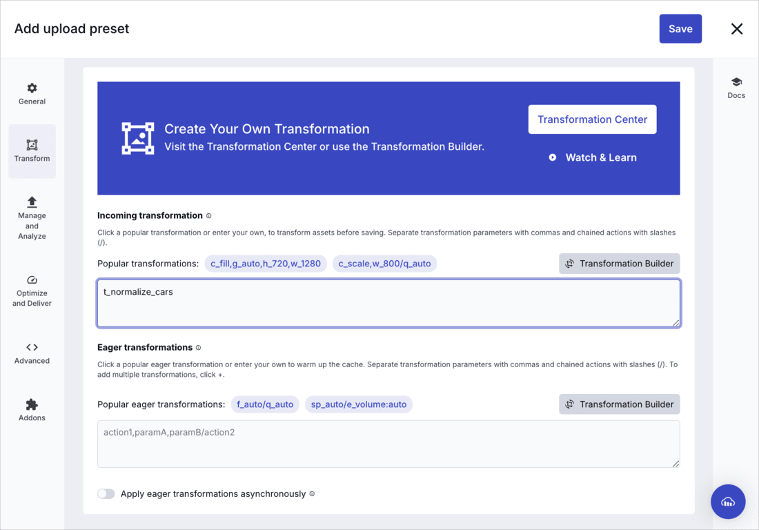 Upload preset - named transformation