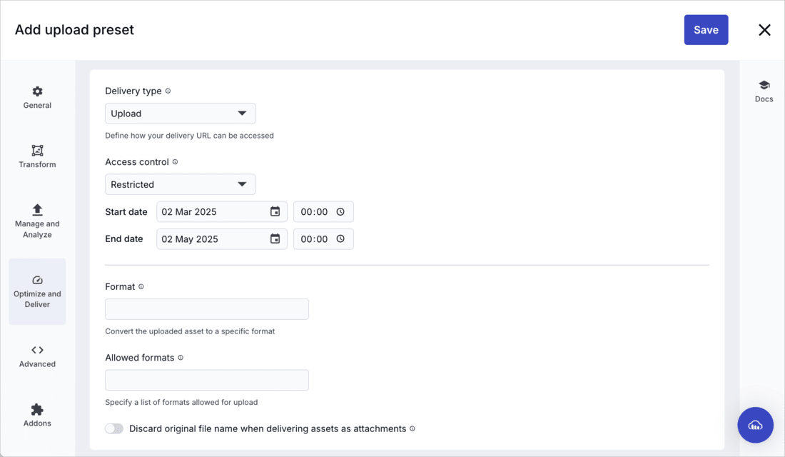 Upload preset - access control
