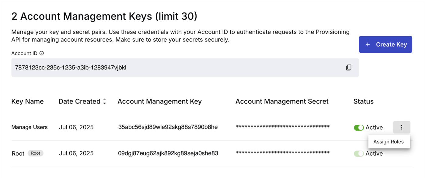Assign roles to account management keys