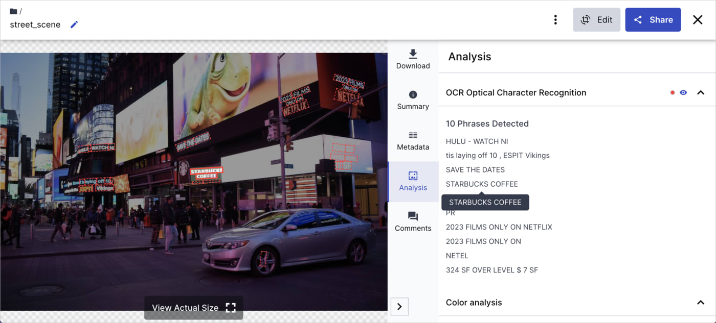 Check extracted texts in the Analysis tab of the asset management drill-down page