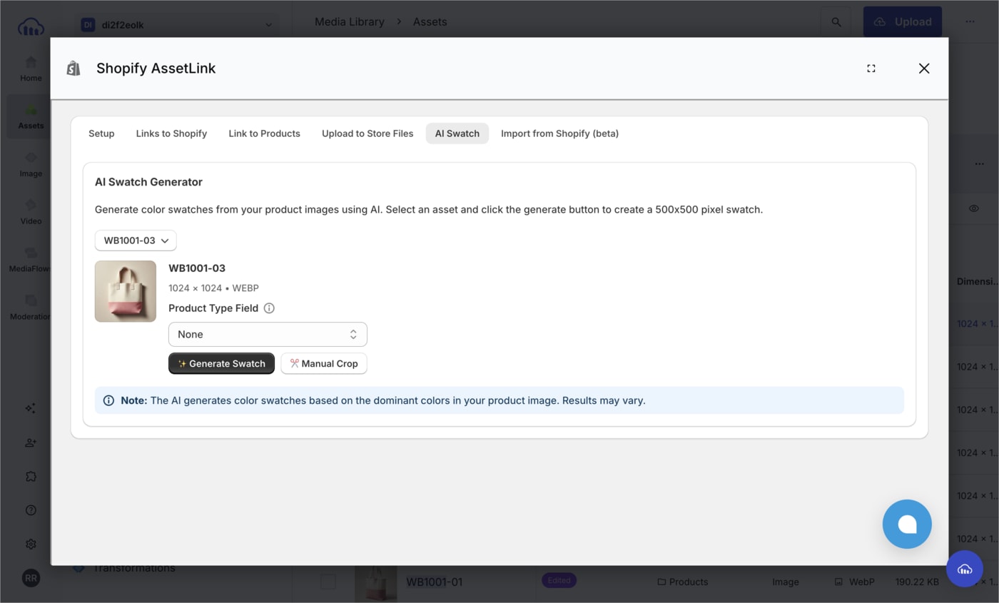 AI Swatch tab showing the selected asset and swatch generation controls