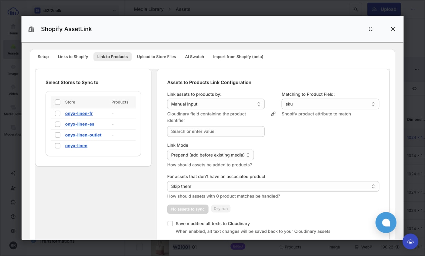 Link to Products tab showing store selection and sync configuration options