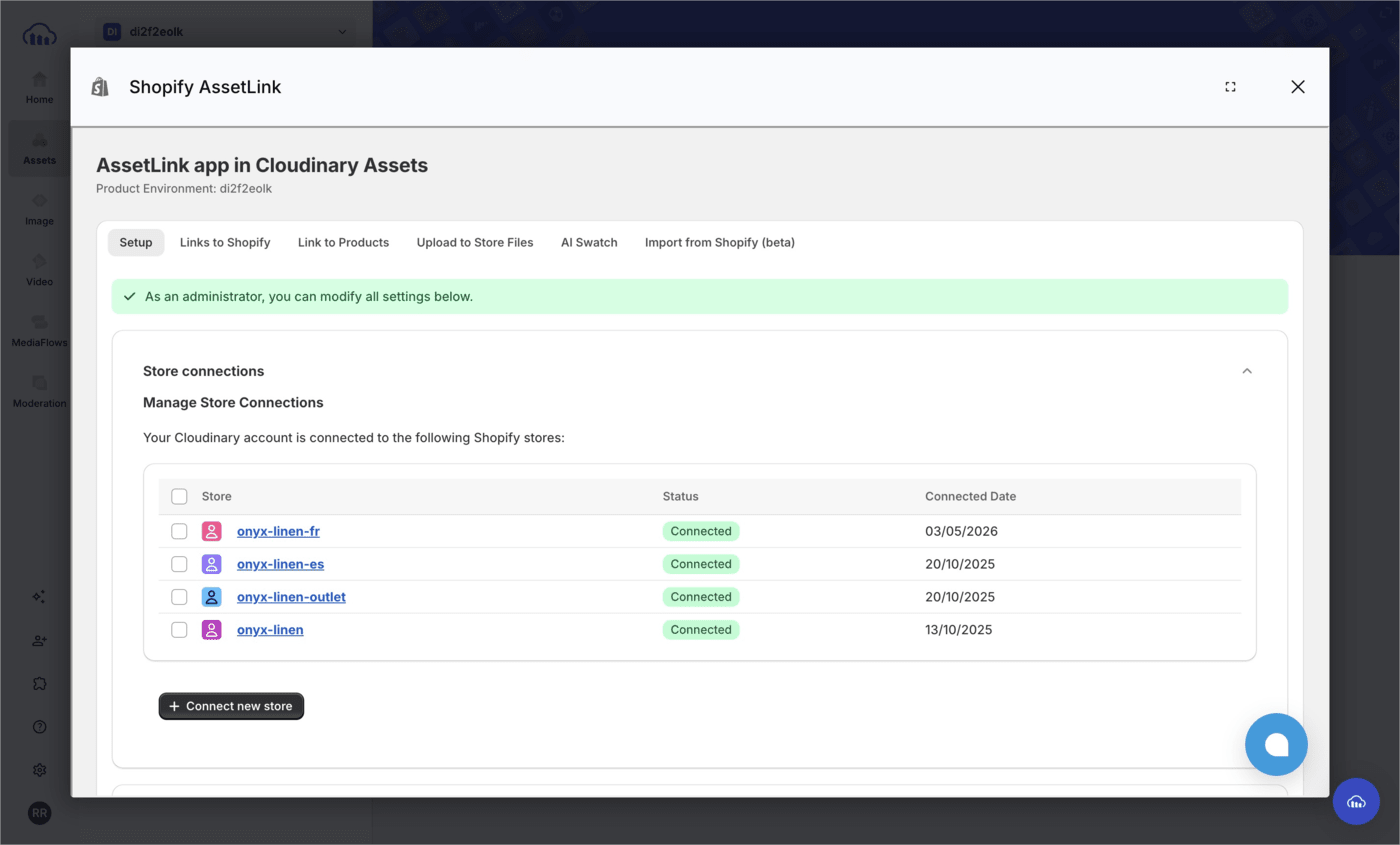 Shopify AssetLink opened with the setup tab selected Shopify AssetLink opened with the setup tab selected
