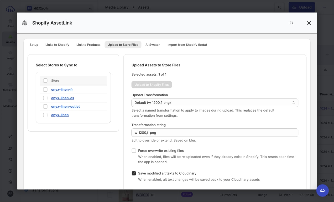 Shopify AssetLink opened with the Upload to Store Files tab selected