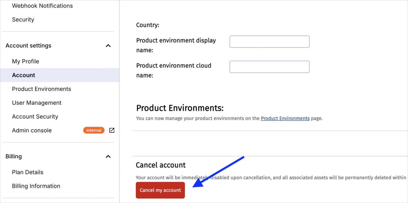 Screenshot showing Cancel my account button in Account settings